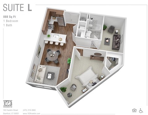 Floor plan for 1 bed, 1 bath, 888 sqft